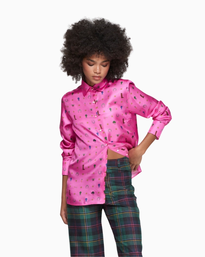 Pink silk shirt by Vilagallo with multicoloured equestrian print and classic collar