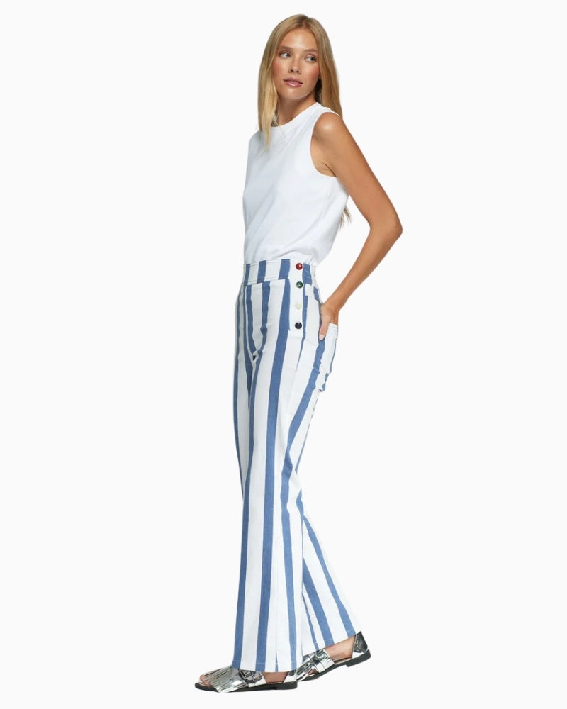 Woman wearing Vilagallo striped trousers blue and white side view – Áines Boutique