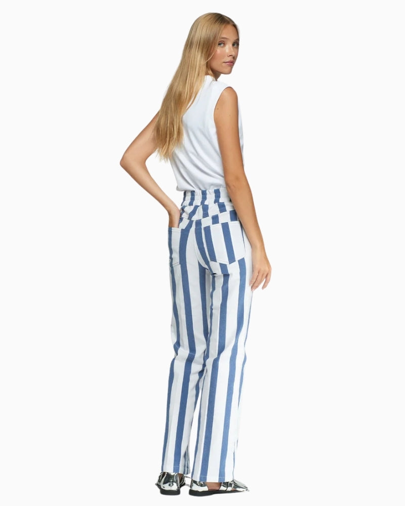 Woman wearing Vilagallo striped trousers blue and white back view – Áines Boutique