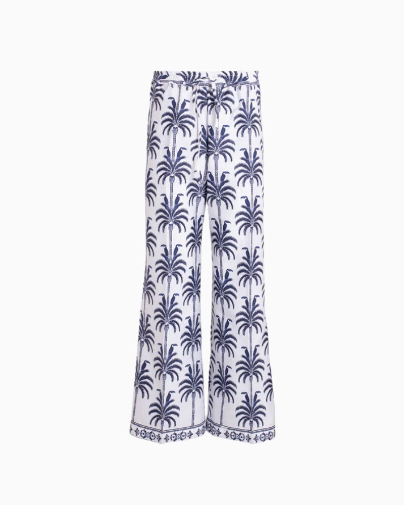 Vilagallo toucan palm print trousers white and navy front view white background – Áines Boutique