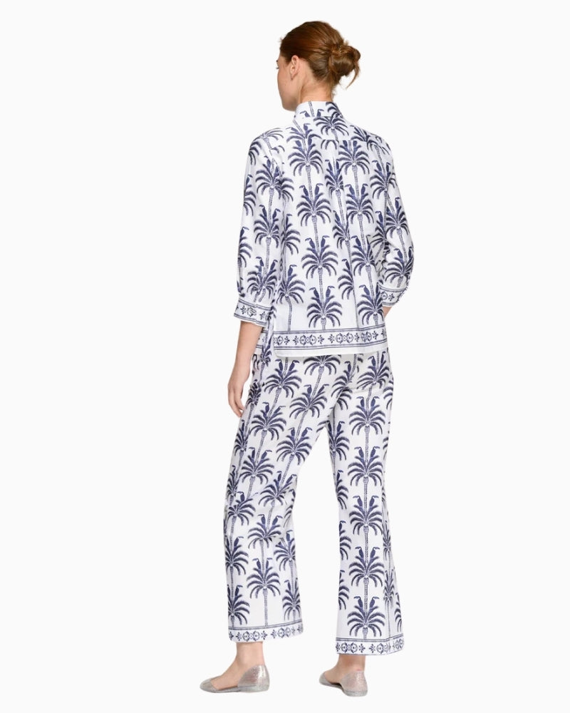 Vilagallo toucan palm print trousers white and navy back view – Áines Boutique