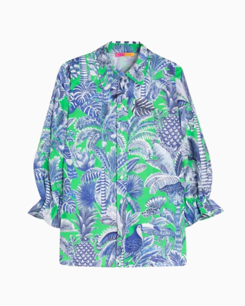 Vilagallo tropical leaf print shirt green and blue front view white background – Áines Boutique