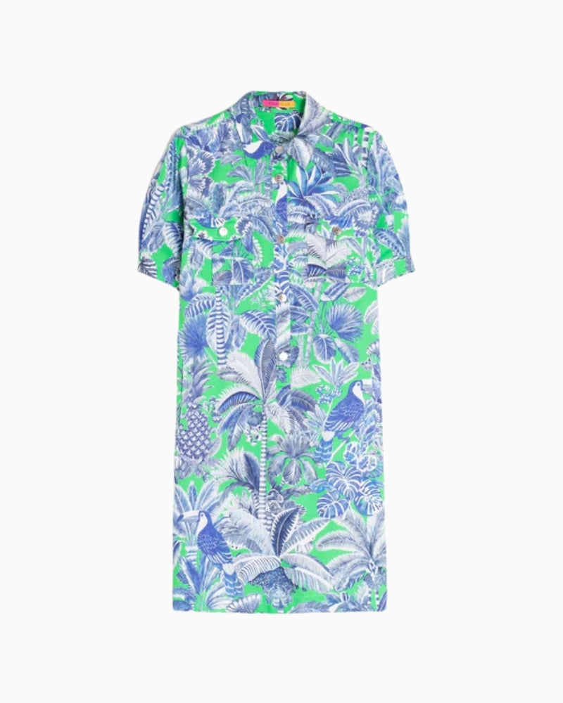 Vilagallo tropical print shirt dress green and blue front view white background – Áines Boutique
