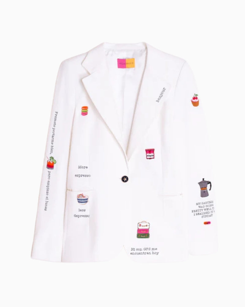 Vilagallo white embroidered jacket sleeve detail – Áines Boutique