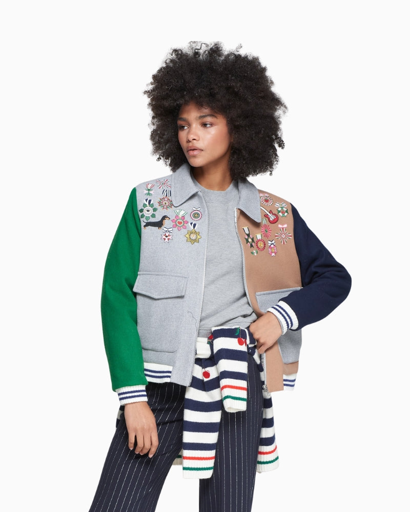 Vilagallo wool bomber jacket with multicolour check and embroidered emblems