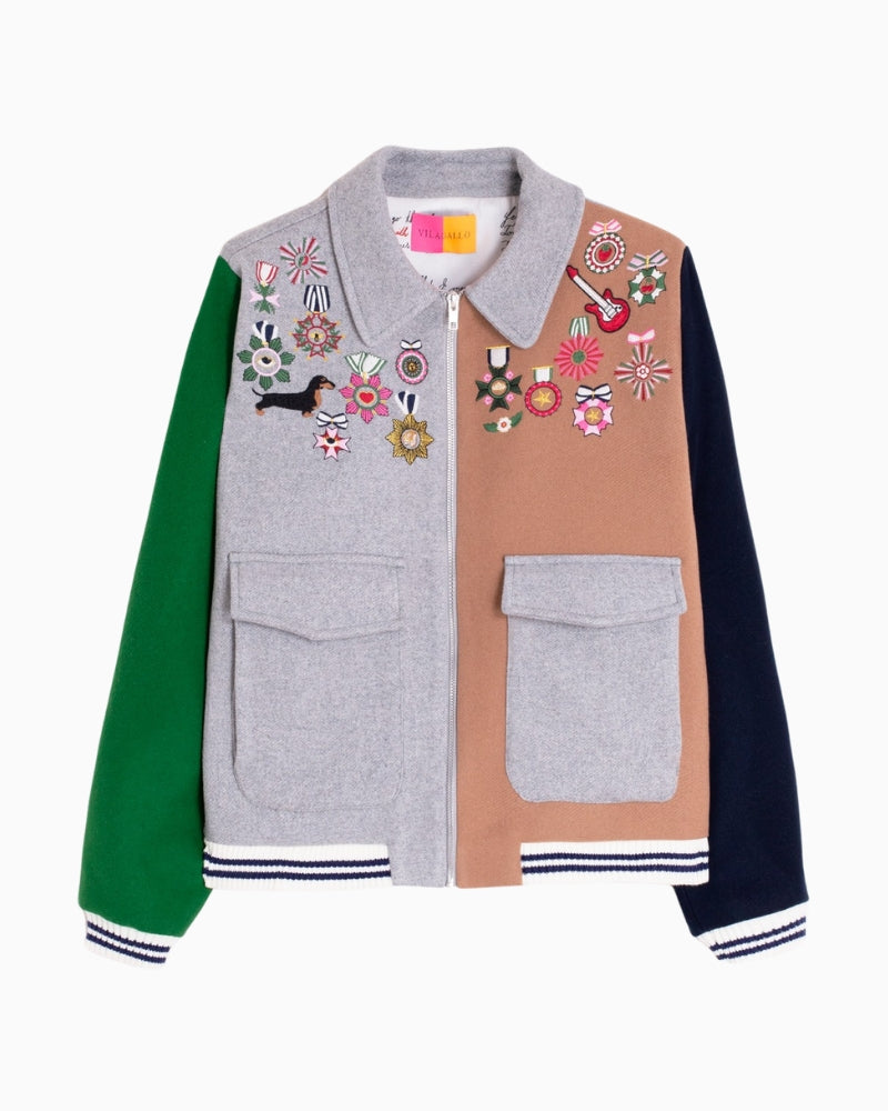 Front view of embroidered Vilagallo bomber jacket in grey, camel and navy wool
