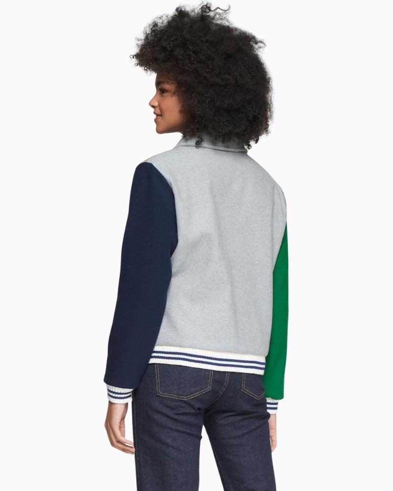 Back view of structured wool bomber jacket with striped cuffs by Vilagallo