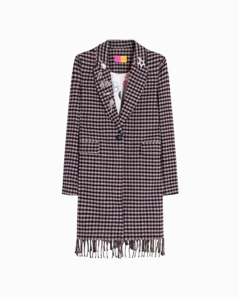 Vilagallo Abaricia Coat in Camel and Navy Check fringed hem detail