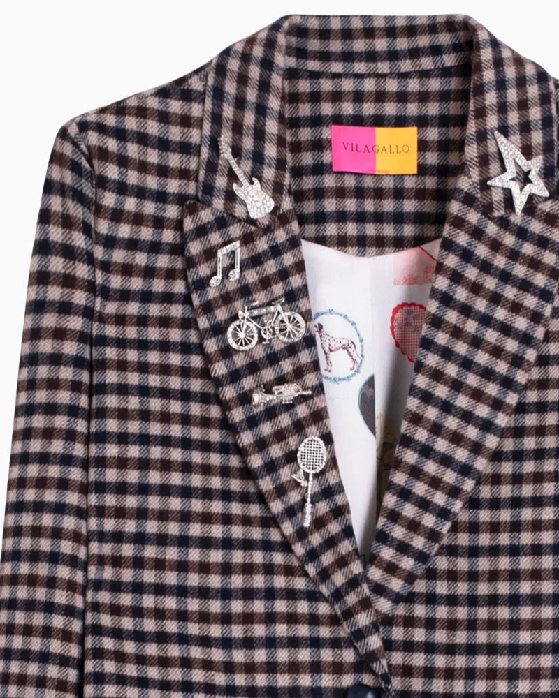 Vilagallo Abaricia Coat in Camel and Navy Check lapel detail