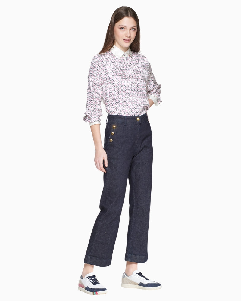 Vilagallo Amelie dark denim trousers with gold button detail and straight-leg fit
