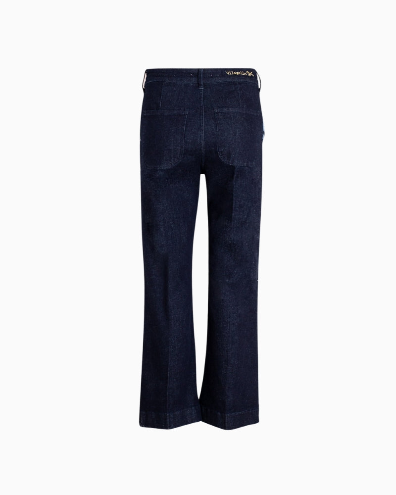 Back view of Vilagallo denim trousers with patch pockets and high waist