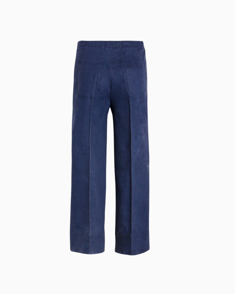 Back view of Bettina denim trousers showing patch pockets