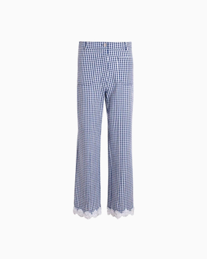 Vilagallo Blue Gingham Lace Trousers navy white front view
