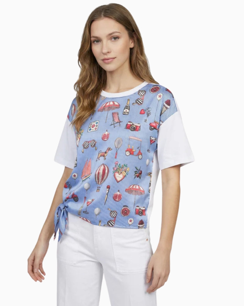 Vilagallo blue motif print T-shirt front view woman wearing with side bow – Áines Boutique