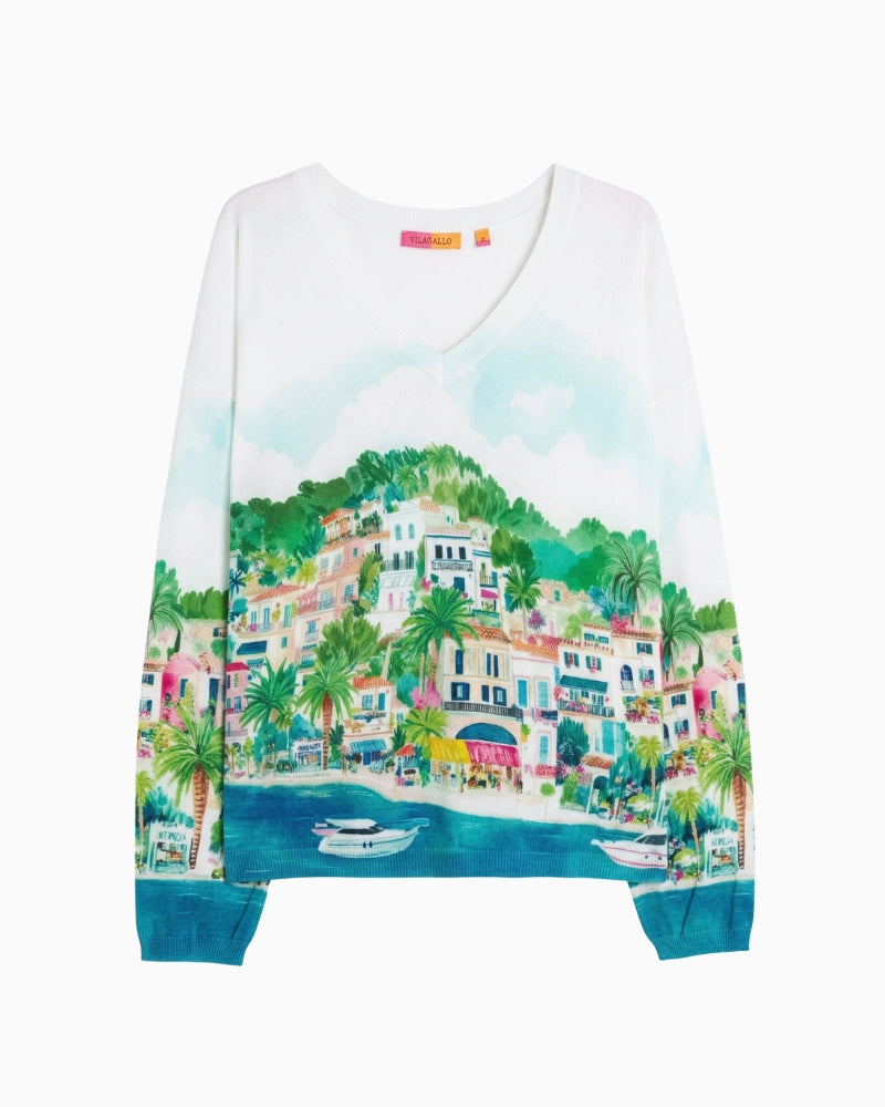 Vilagallo Capri Seaside V-neck Jumper white multi print detail