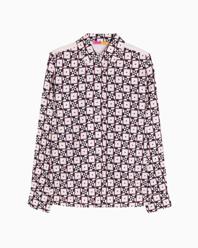 Vilagallo Cmisa Shirt in Cream and Burgundy geometric print detail