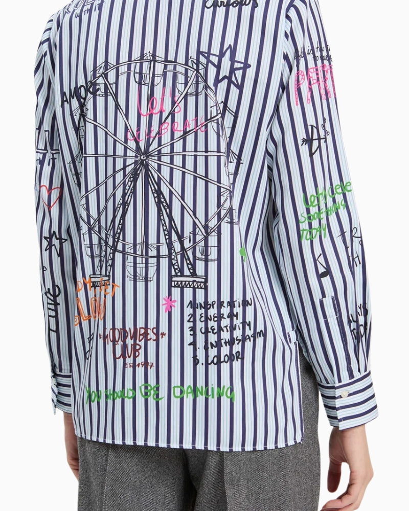 Vilagallo Cmisa Shirt in White and Navy Ferris wheel back print