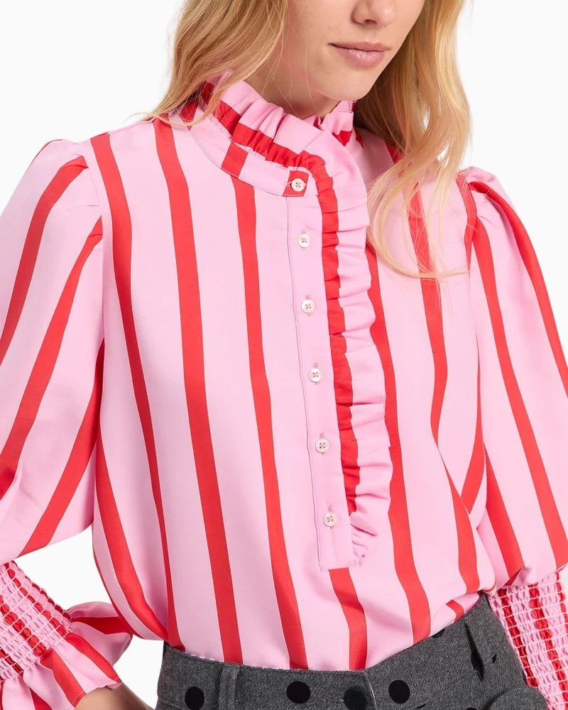 Vilagallo Cmvolantes Blouse in Coral and White ruffle neckline detail
