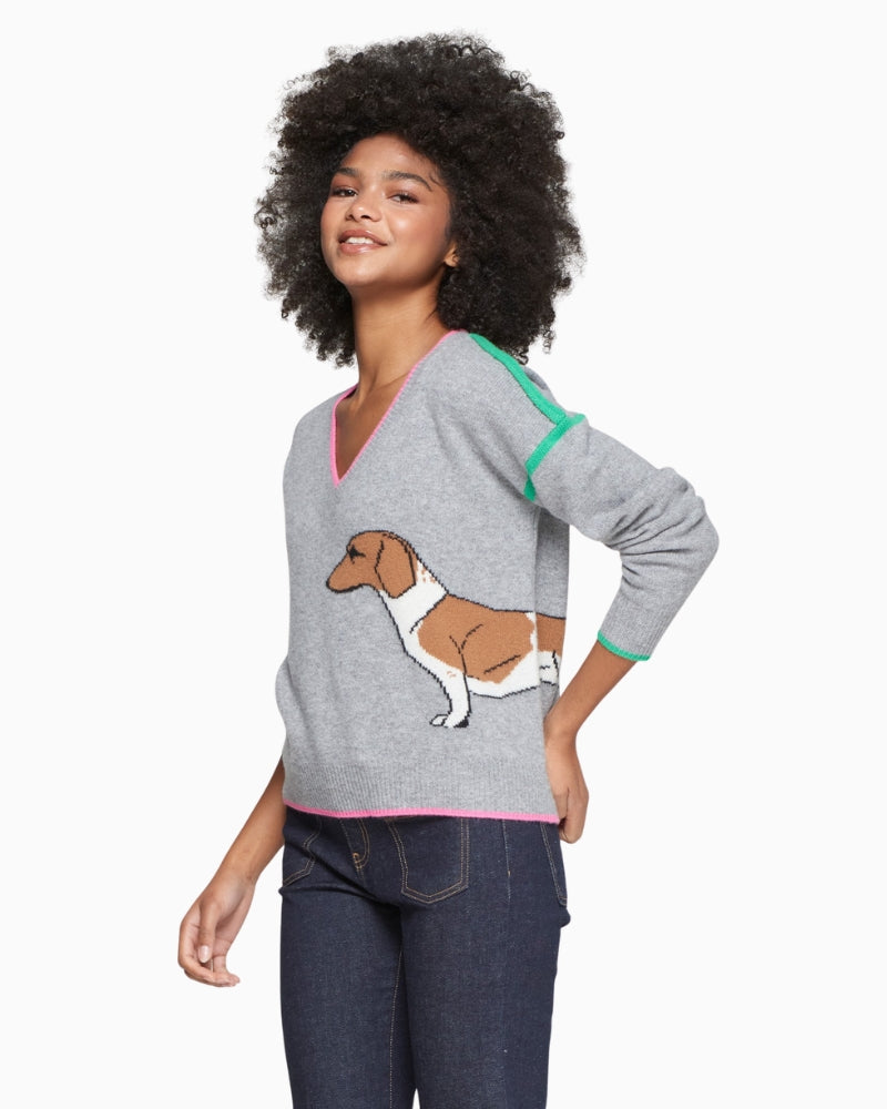 Styled outfit with Vilagallo dachshund sweater and jeans