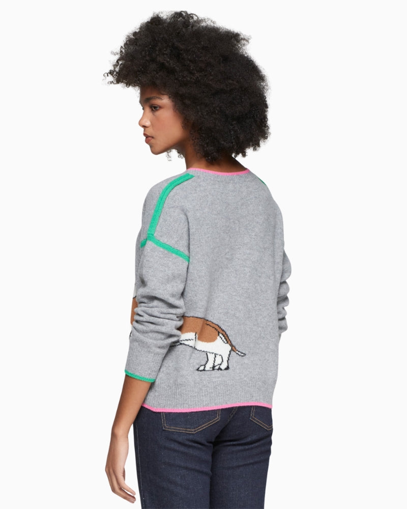 Back view of dachshund intarsia sweater with pink trim