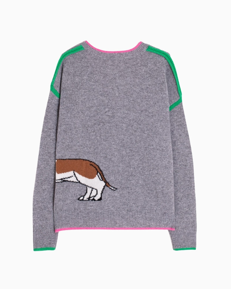 Grey Vilagallo wool sweater with dachshund intarsia back view