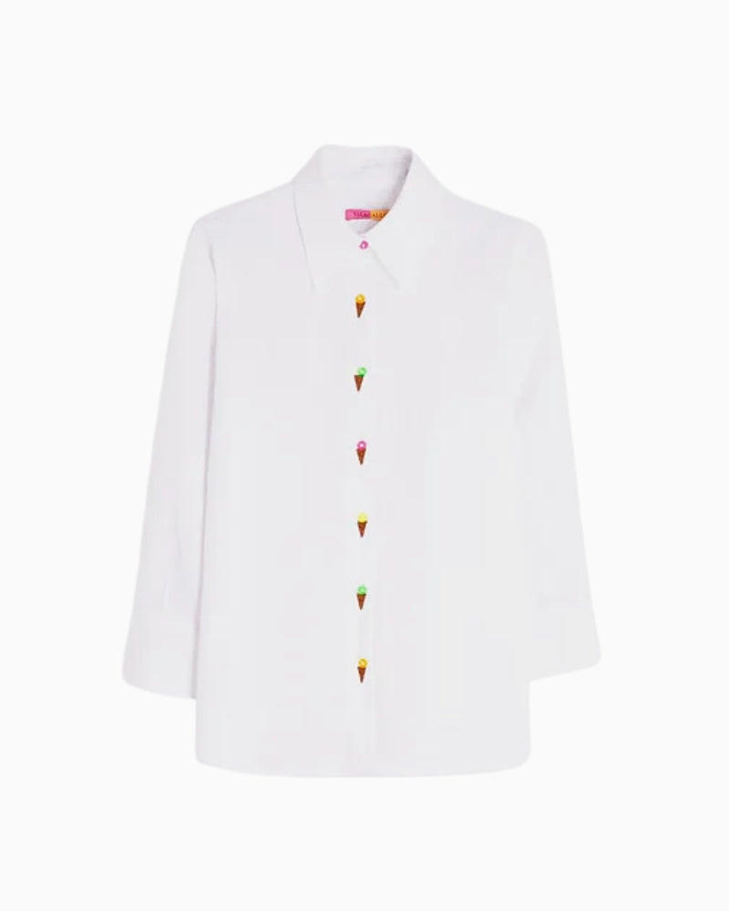 Vilagallo embroidered linen shirt white flat lay front view – Áines Boutique