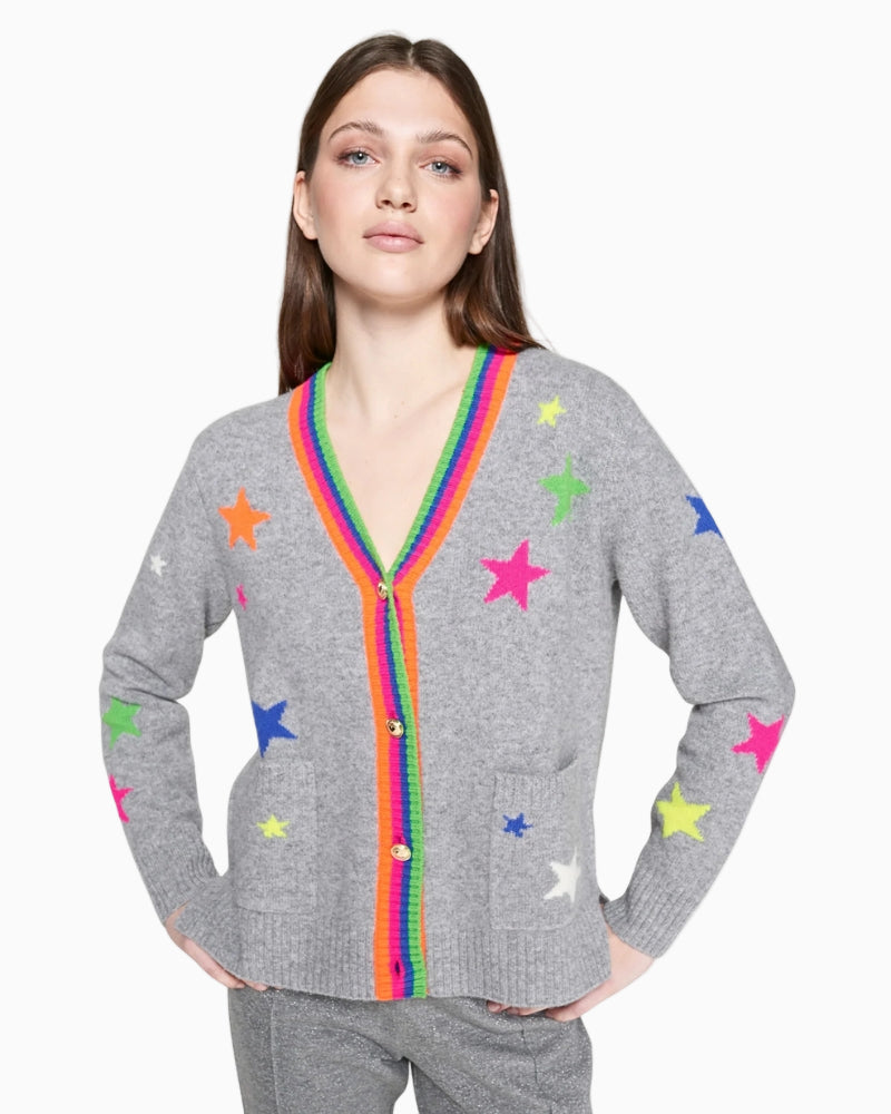 Grey Vilagallo wool cardigan with multicoloured star trim and V-neck