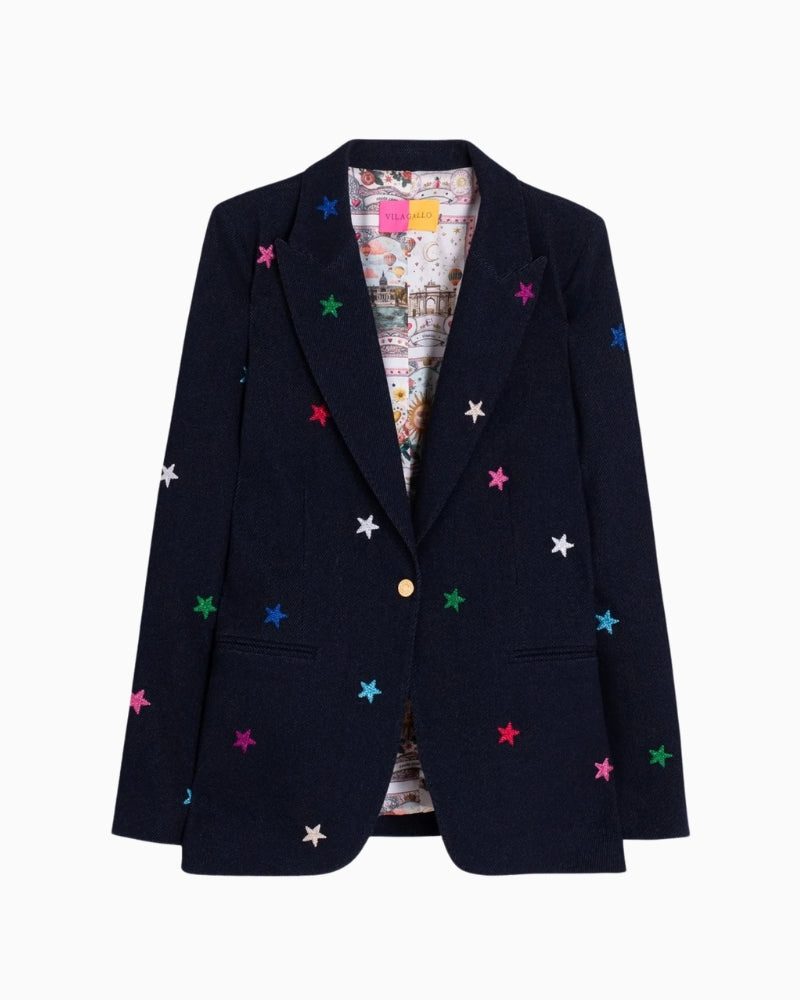 Vilagallo Heather Blazer navy blue gold button and lapel detail