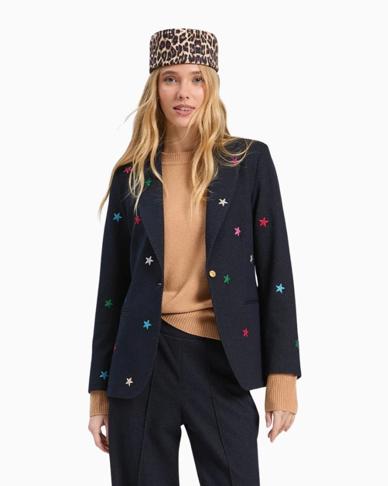 Vilagallo Heather Embroidered Stars Blazer in navy blue and multi front view
