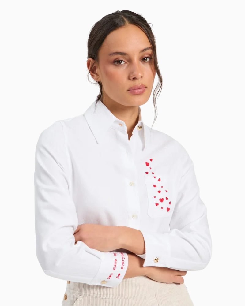Vilagallo Herringbone Shirt with Heart Embroidery in White front view