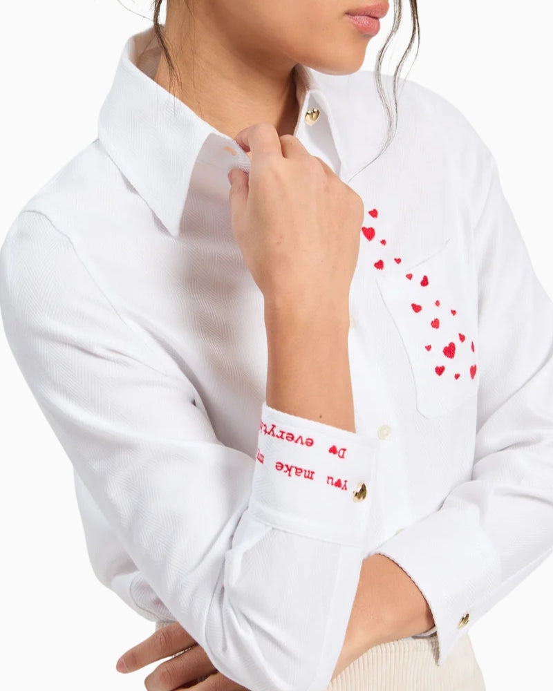 Vilagallo Herringbone Shirt with Heart Embroidery in White heart embroidery detail