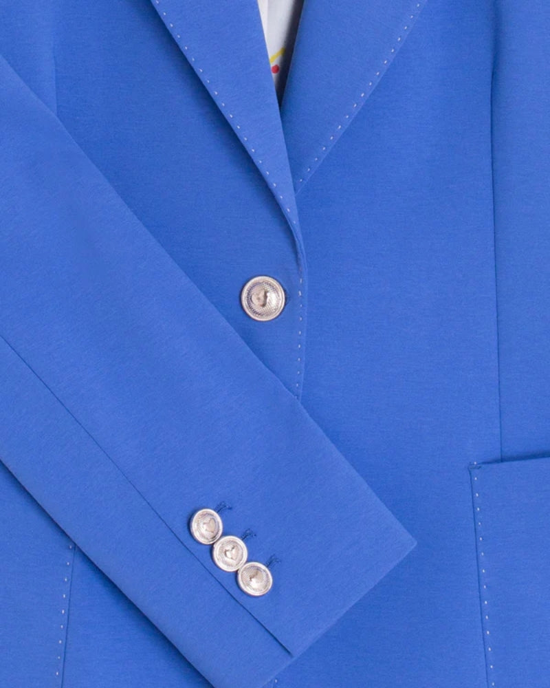 Vilagallo Hillary jacket blue close up sleeve button detail