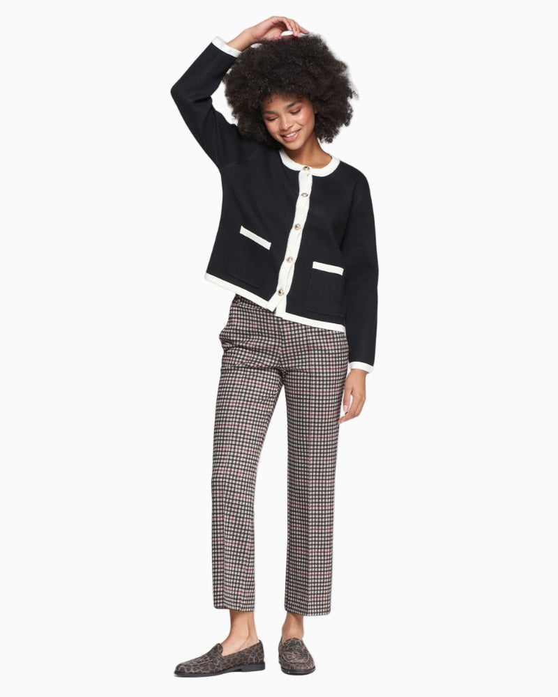 Straight-leg Vilagallo trousers in brown, black and white houndstooth knit with side and back welt pockets