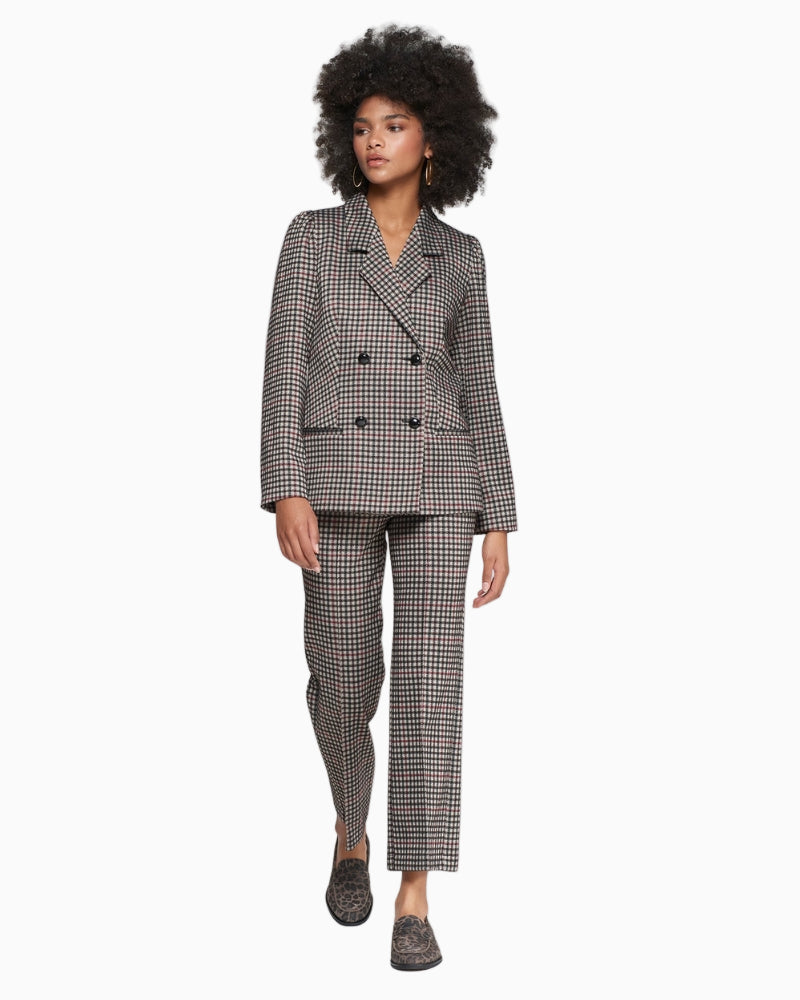 Styled look of Vilagallo houndstooth trousers paired with longsleeeve coordinate for structured yet soft office-ready outfit