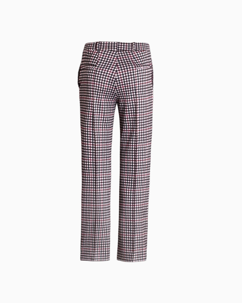 Back view of Vilagallo houndstooth knit trousers showing neat straight silhouette and welt pockets
