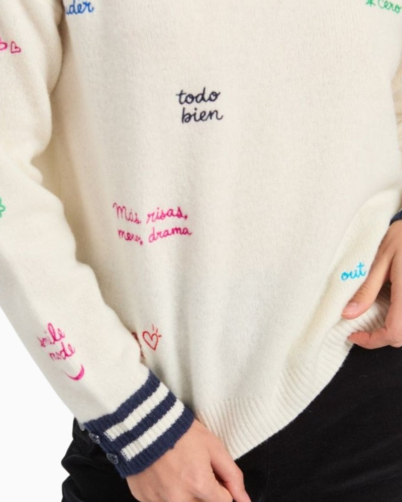 Vilagallo Jersey Palabras Jumper in Ecru embroidered word detail