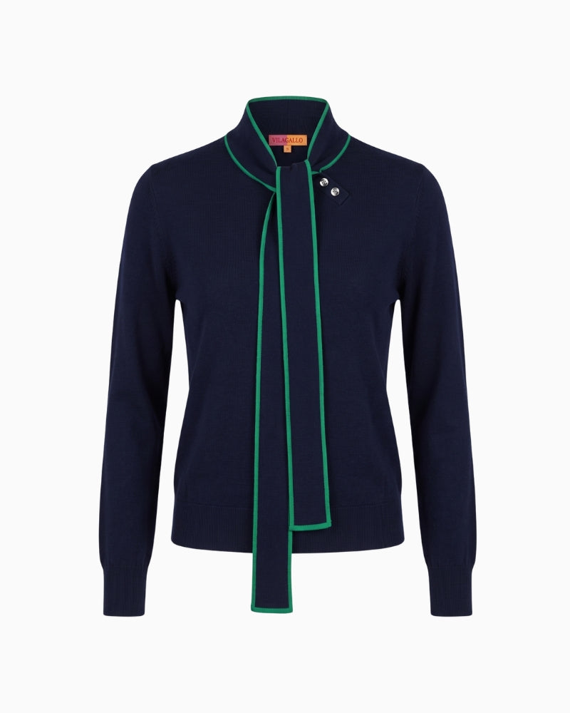 Vilagallo Knlazo Jumper in navy front view with green scarf-style neckline