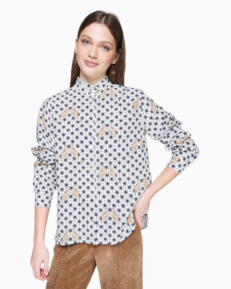 Cream viscose shirt with navy leopard and star print, ruffle collar