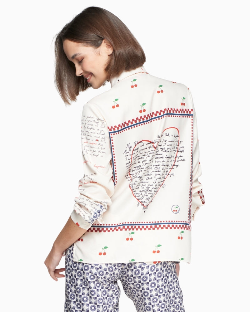 Back of shirt with heart and handwriting print framed by cherries