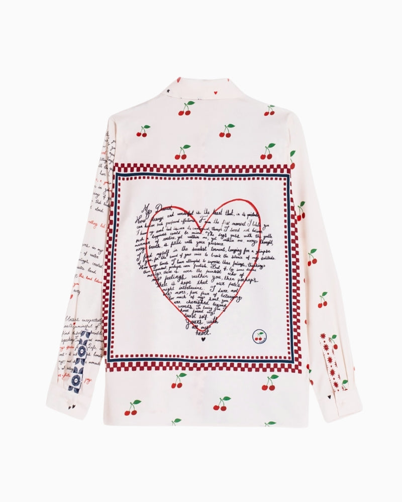 Flat lay back view showing mixed cherry and handwriting sleeve prints