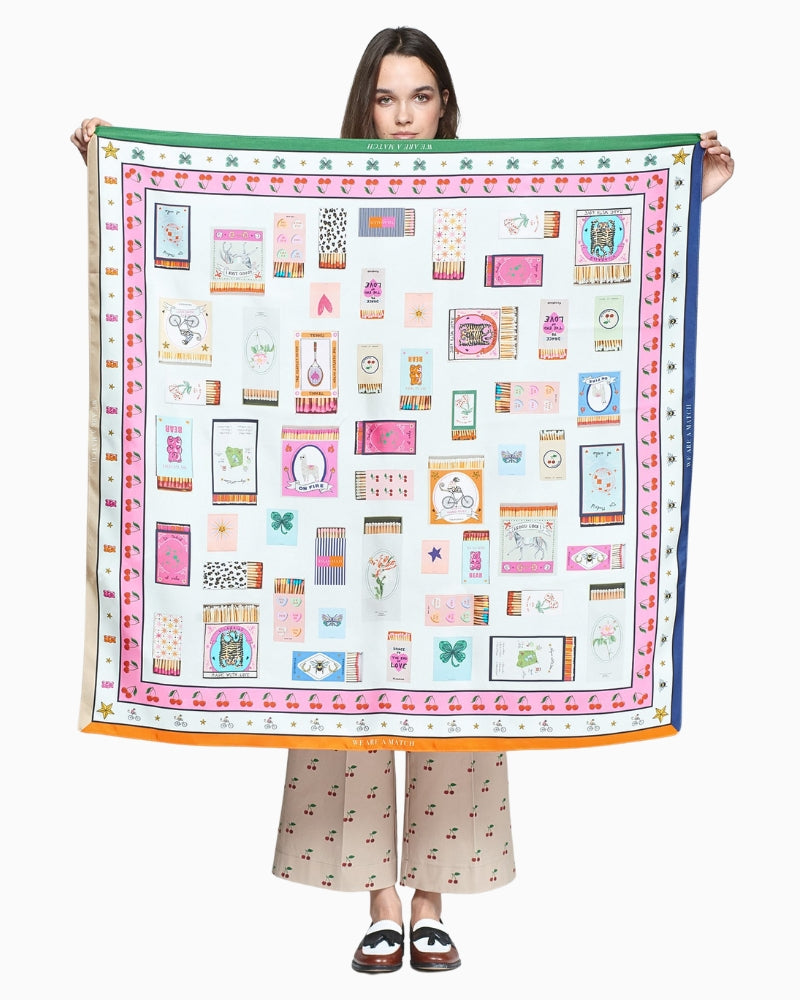 Vilagallo silk foulard in ivory with colourful matchbox print and graphic border