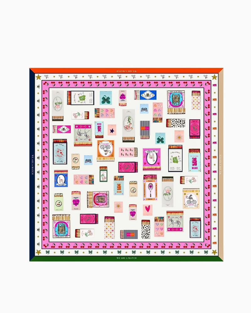 Square silk scarf with mix-colour matchbox illustrations on off-white background