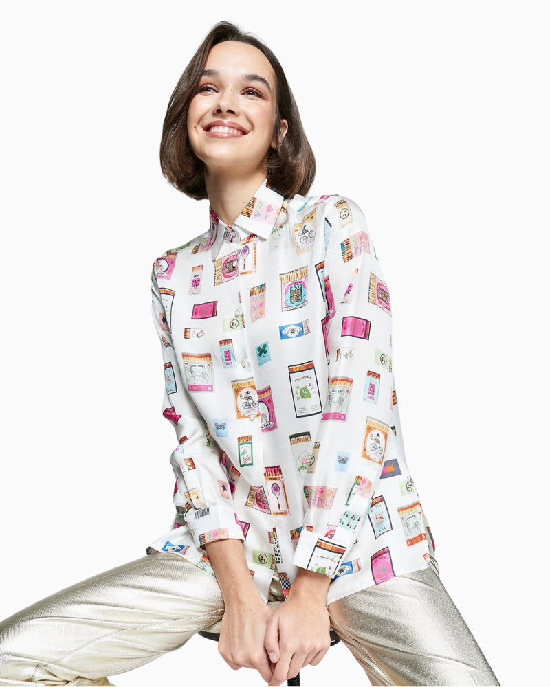 Off-white silk shirt with colourful matchbox print and classic collar