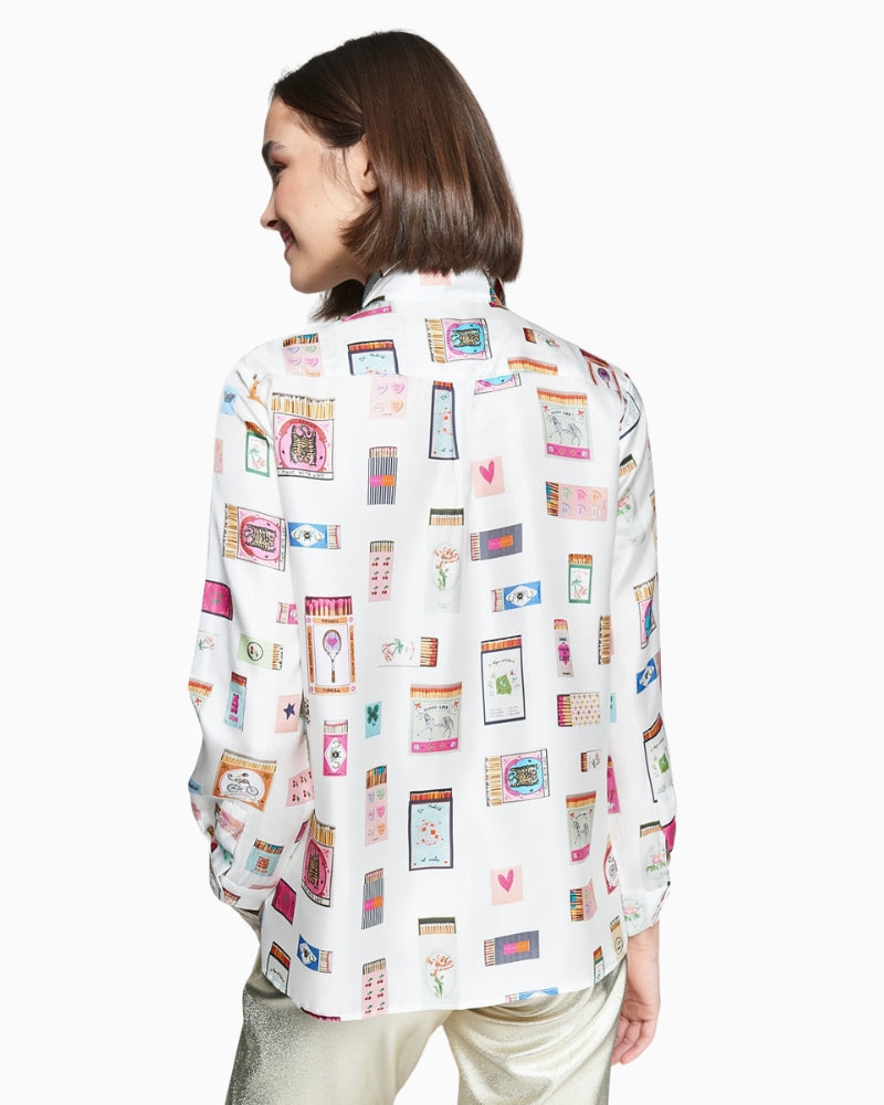 Back view of vibrant matchbox motif on smooth silk fabric