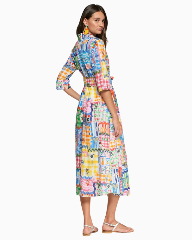 Vilagallo multicolour print tie dress side view woman wearing – Áines Boutique