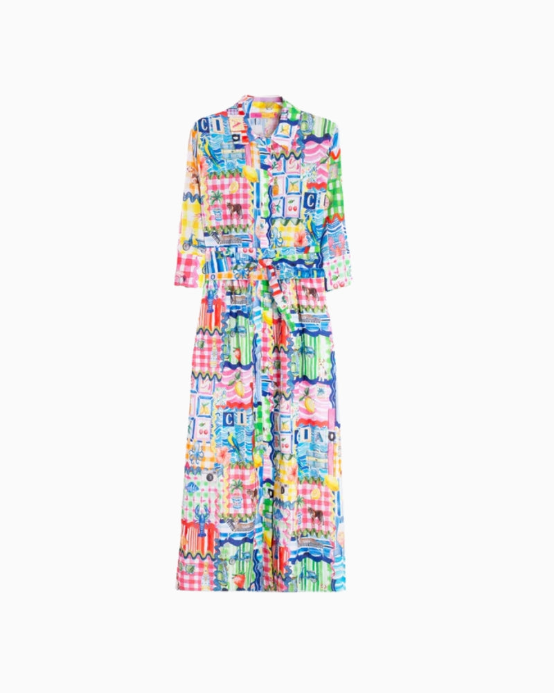 Vilagallo multicolour print tie dress flat lay front view – Áines Boutique