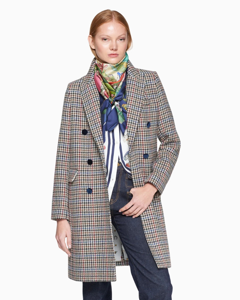 Navy check ¾-length coat by Vilagallo with tailored fit