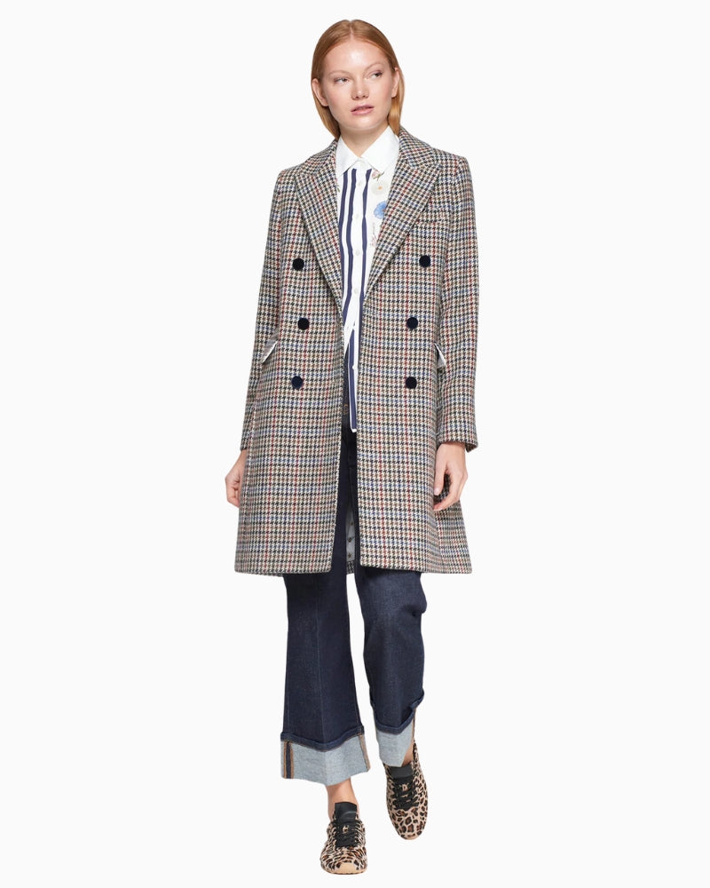 Classic wool-blend tweed coat with navy check pattern