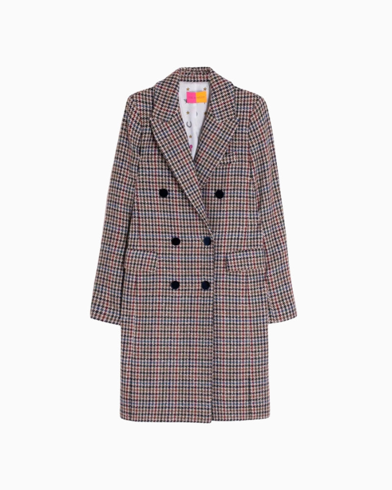 Close-up showing textured check fabric and button details