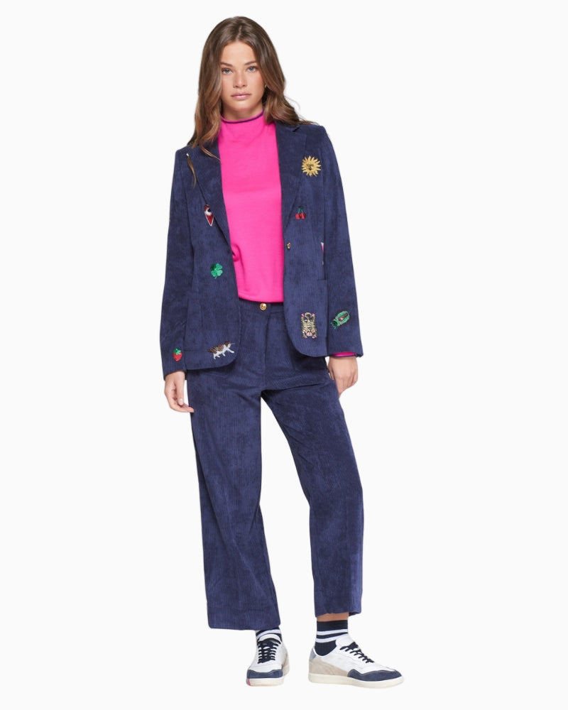 Full-length styled look wearing Vilagallo navy straight-leg corduroy trousers